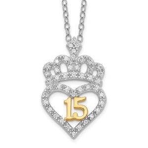 Diamond Heart Crown 15 Necklace Sterling Silver and Gold Tone